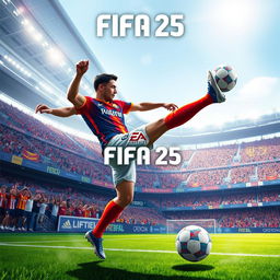 A detailed cover art concept for FIFA 25, featuring a dynamic action scene of a football match in a state-of-the-art stadium