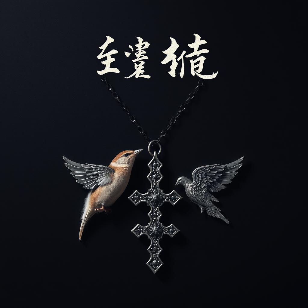 A dramatic dark background featuring a delicate male sparrow feather beside a gothic cross necklace adorned with intricate angel wings on each side