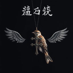 A dramatic dark background featuring a delicate male sparrow feather beside a gothic cross necklace adorned with intricate angel wings on each side