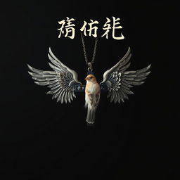 A dramatic dark background featuring a delicate male sparrow feather beside a gothic cross necklace adorned with intricate angel wings on each side