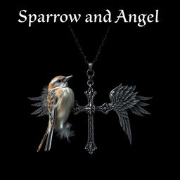 A dramatic dark background featuring a delicate male sparrow feather beside a gothic cross necklace adorned with intricate angel wings on each side