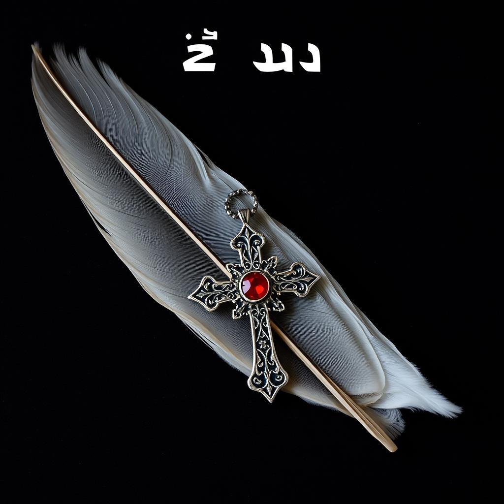 A male sparrow feather lying on a dark background, accompanied by a gothic cross necklace with a red gemstone