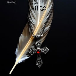 A male sparrow feather lying on a dark background, accompanied by a gothic cross necklace with a red gemstone