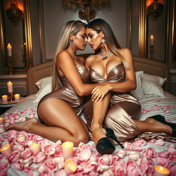 In a lavish London bedroom, two glamorous, slim women with alluringly curvaceous forms are portrayed in an electrifying atmosphere of passion and lust