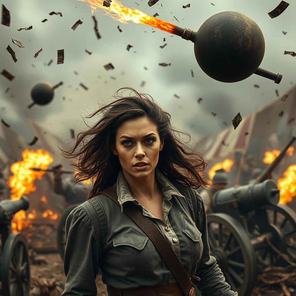 A chaotic scene depicting a crumbling plot as a brilliant woman strategist anticipates an incoming cannonball, her mind reading the enemy's tactics