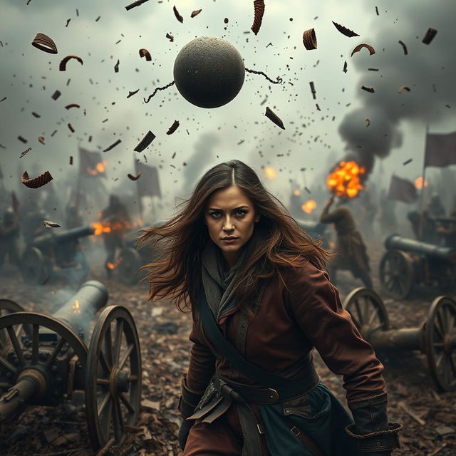 A chaotic scene depicting a crumbling plot as a brilliant woman strategist anticipates an incoming cannonball, her mind reading the enemy's tactics