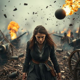 A chaotic scene depicting a crumbling plot as a brilliant woman strategist anticipates an incoming cannonball, her mind reading the enemy's tactics