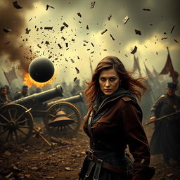 A chaotic scene depicting a crumbling plot as a brilliant woman strategist anticipates an incoming cannonball, her mind reading the enemy's tactics