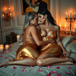 In an elegant London setting, two glamorous, slim women with enticing figures are enveloped in an atmosphere of passion and lust