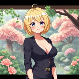 A charming anime-style depiction of a blonde waifu with short hair and large breasts