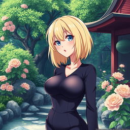 A charming anime-style depiction of a blonde waifu with short hair and large breasts