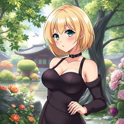 A charming anime-style depiction of a blonde waifu with short hair and large breasts