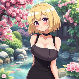 A charming anime-style depiction of a blonde waifu with short hair and large breasts