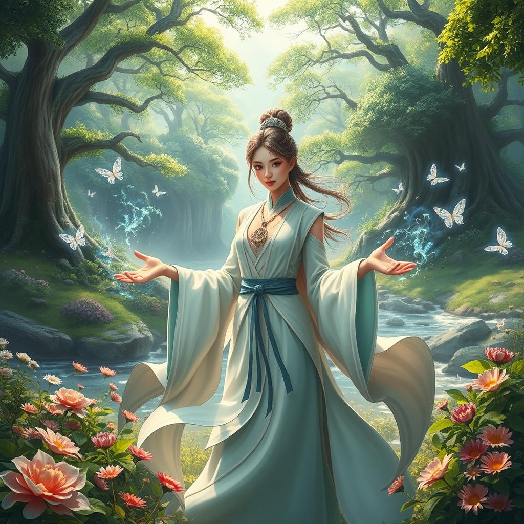 A fantasy scene showcasing a powerful female cultivator in an enchanting natural landscape