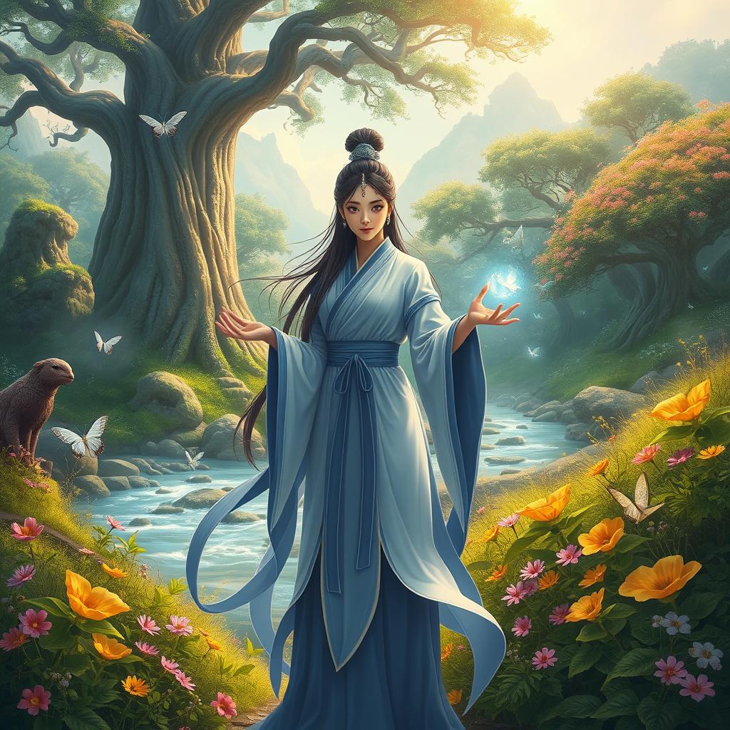 A fantasy scene showcasing a powerful female cultivator in an enchanting natural landscape