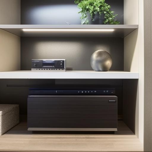 A modern TV unit, complete with shelves, drawers and neatly arranged equipment. The materials are a mix of wooden and metallic, under a well-balanced lighting.