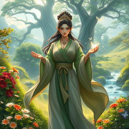 A fantasy scene showcasing a powerful female cultivator in an enchanting natural landscape