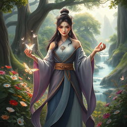 A fantasy scene showcasing a powerful female cultivator in an enchanting natural landscape