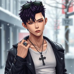 A realistic young Japanese male idol with a trendy wolf cut hairstyle, featuring dark purple highlights