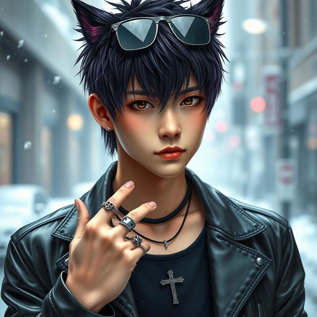 A realistic young Japanese male idol with a trendy wolf cut hairstyle, featuring dark purple highlights