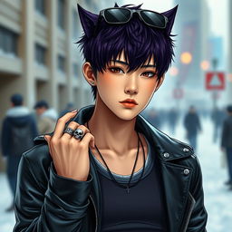 A realistic young Japanese male idol with a trendy wolf cut hairstyle, featuring dark purple highlights