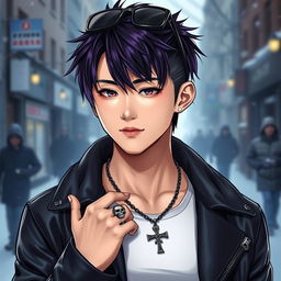 A realistic young Japanese male idol with a trendy wolf cut hairstyle, featuring dark purple highlights