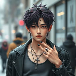 A realistic young Japanese male idol with a trendy wolf cut hairstyle, styled with dark purple highlights