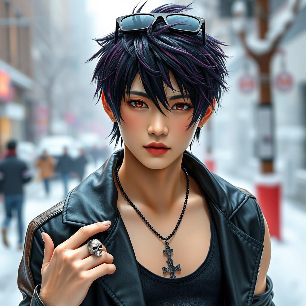 A realistic young Japanese male idol with a trendy wolf cut hairstyle, styled with dark purple highlights