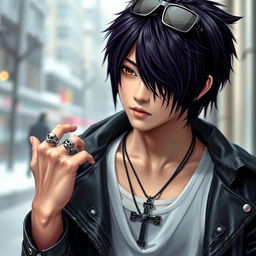 A realistic young Japanese male idol with a trendy wolf cut hairstyle, styled with dark purple highlights