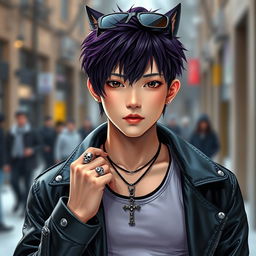 A realistic young Japanese male idol with a trendy wolf cut hairstyle, styled with dark purple highlights