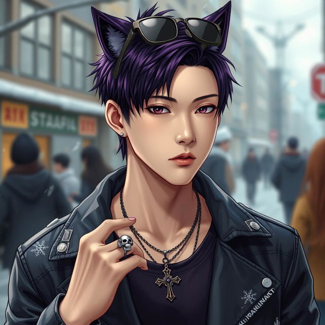 A realistic depiction of a young Japanese male idol, showcasing a trendy wolf cut hairstyle with dark purple highlights