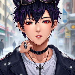 A realistic depiction of a young Japanese male idol, showcasing a trendy wolf cut hairstyle with dark purple highlights