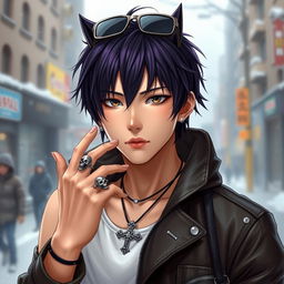 A realistic depiction of a young Japanese male idol, showcasing a trendy wolf cut hairstyle with dark purple highlights