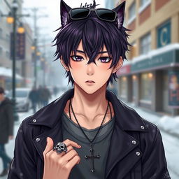 A realistic depiction of a young Japanese male idol, showcasing a trendy wolf cut hairstyle with dark purple highlights