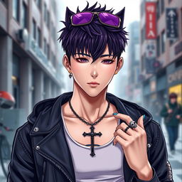 A realistic depiction of a young Japanese male idol, featuring a stylish wolf cut haircut with dark purple highlights