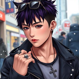 A realistic depiction of a young Japanese male idol, featuring a stylish wolf cut haircut with dark purple highlights