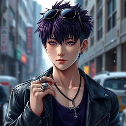 A realistic depiction of a young Japanese male idol, featuring a stylish wolf cut haircut with dark purple highlights