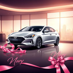 Design artwork for the Hyundai Elantra 2024 as a gift for women entrepreneurs, inspired by Mary Kay