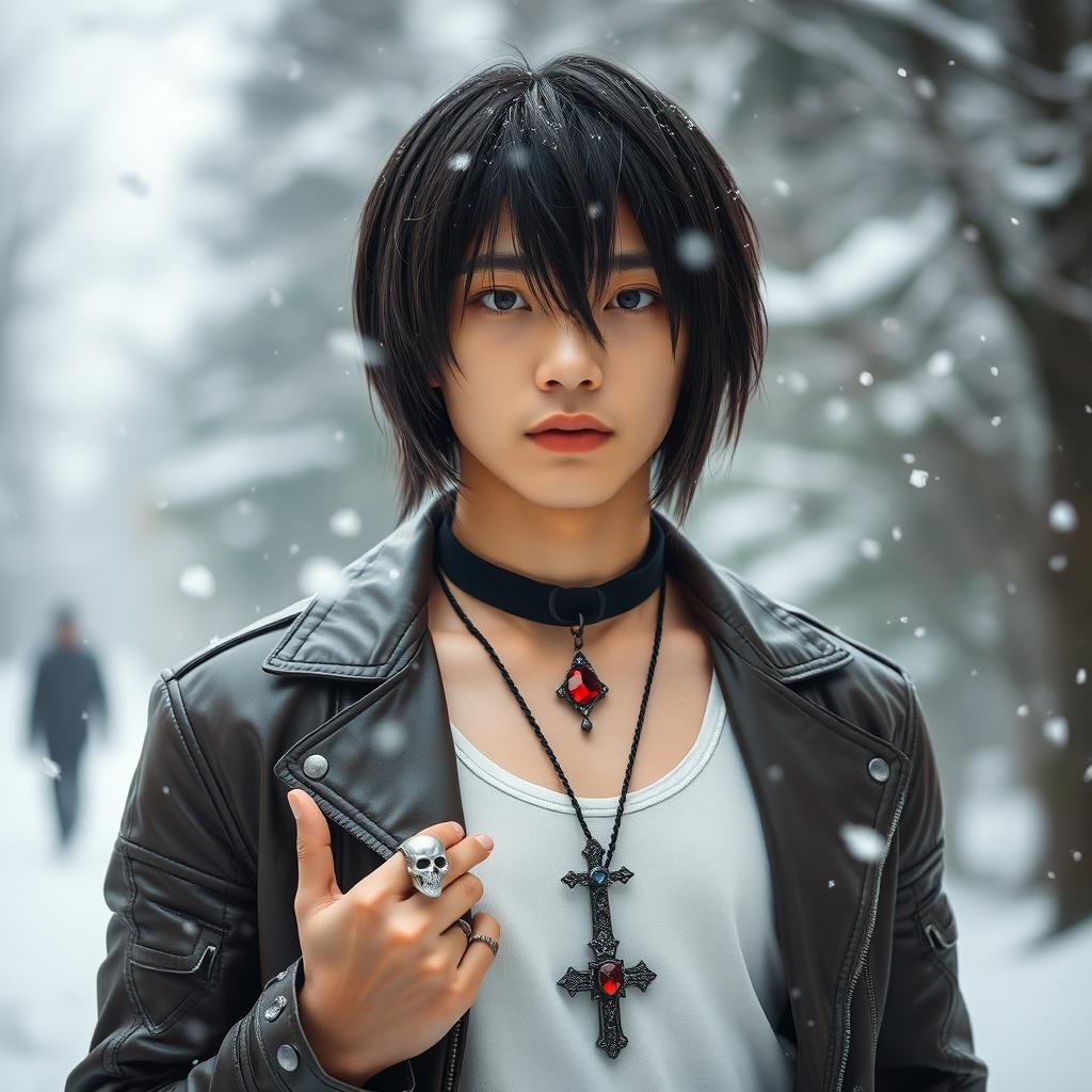 A young Japanese male with straight, medium-length hair, dressed in a stylish leather jacket over a tank top, standing in a snowy winter setting