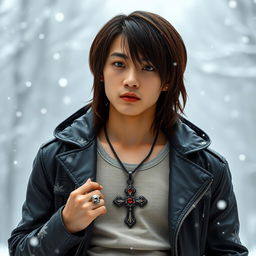 A young Japanese male with straight, medium-length hair, dressed in a stylish leather jacket over a tank top, standing in a snowy winter setting