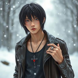 A young Japanese male with straight, medium-length hair, dressed in a stylish leather jacket over a tank top, standing in a snowy winter setting