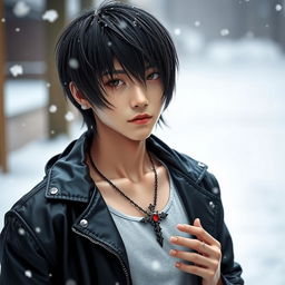 A young Japanese male with straight, medium-length hair, dressed in a stylish leather jacket over a tank top, standing in a snowy winter setting