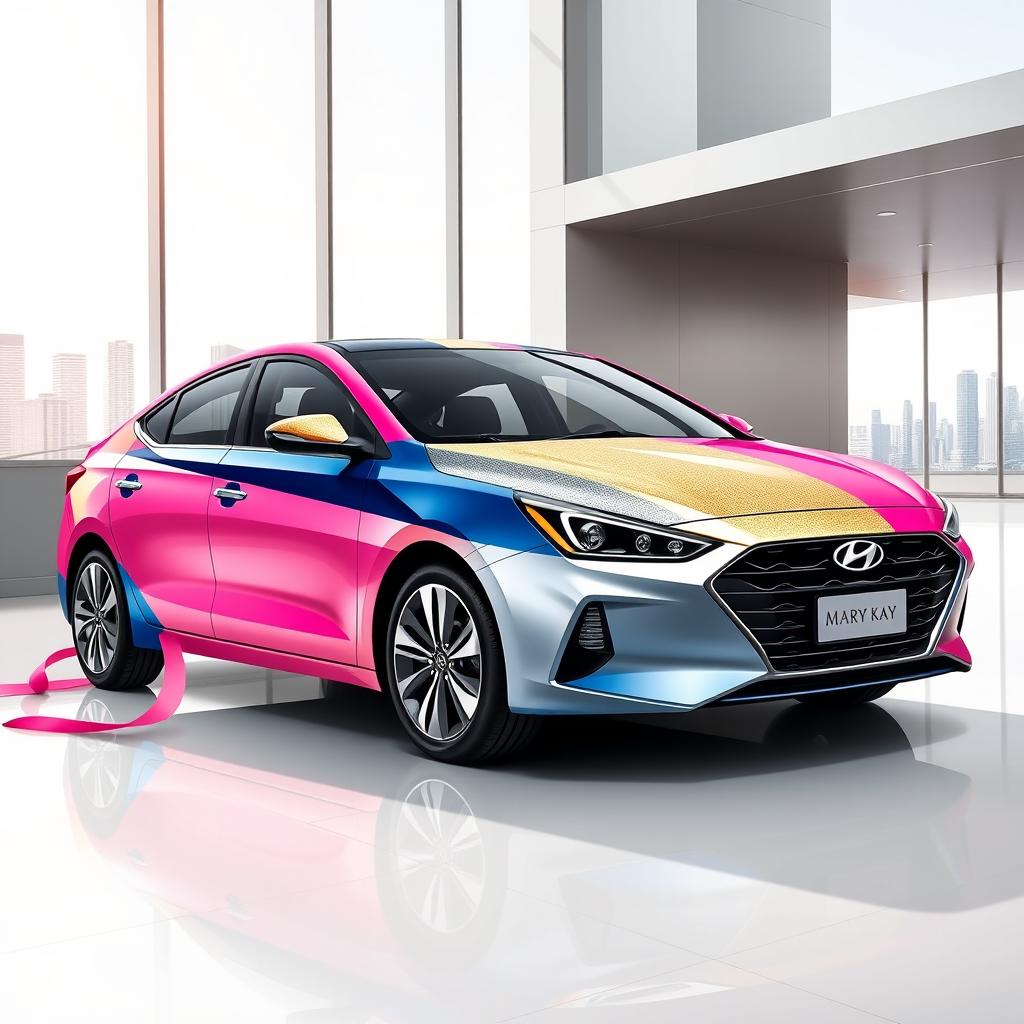 Design artwork for the Hyundai Elantra 2024 as a gift for women entrepreneurs, inspired by Mary Kay