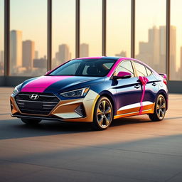 Design artwork for the Hyundai Elantra 2024 as a gift for women entrepreneurs, inspired by Mary Kay