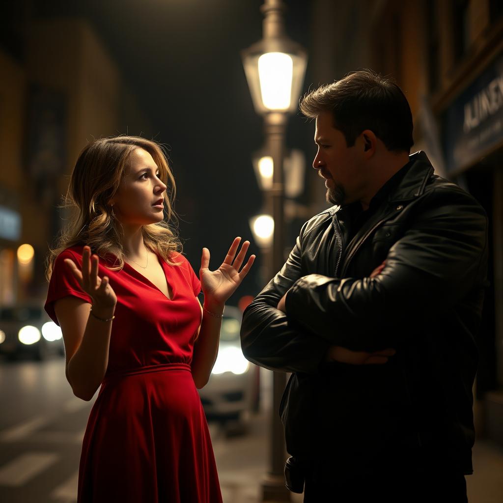 A couple involved in an intense argument on a city street at night