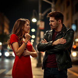 A couple involved in an intense argument on a city street at night