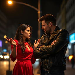 A couple involved in an intense argument on a city street at night