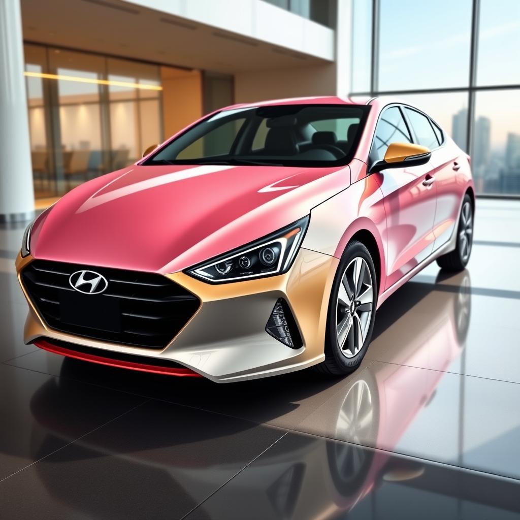 Design artwork for the Hyundai Elantra 2024 as a gift for women entrepreneurs, inspired by Mary Kay