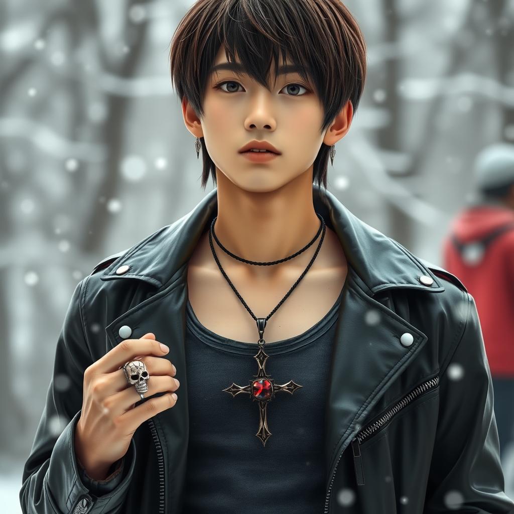 A young Japanese male with straight, medium-length hair, dressed in a stylish leather jacket over a tank top, standing in a snowy winter setting