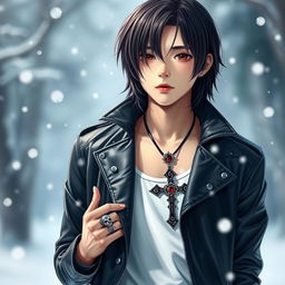 A young Japanese male with straight, medium-length hair, dressed in a stylish leather jacket over a tank top, standing in a snowy winter setting